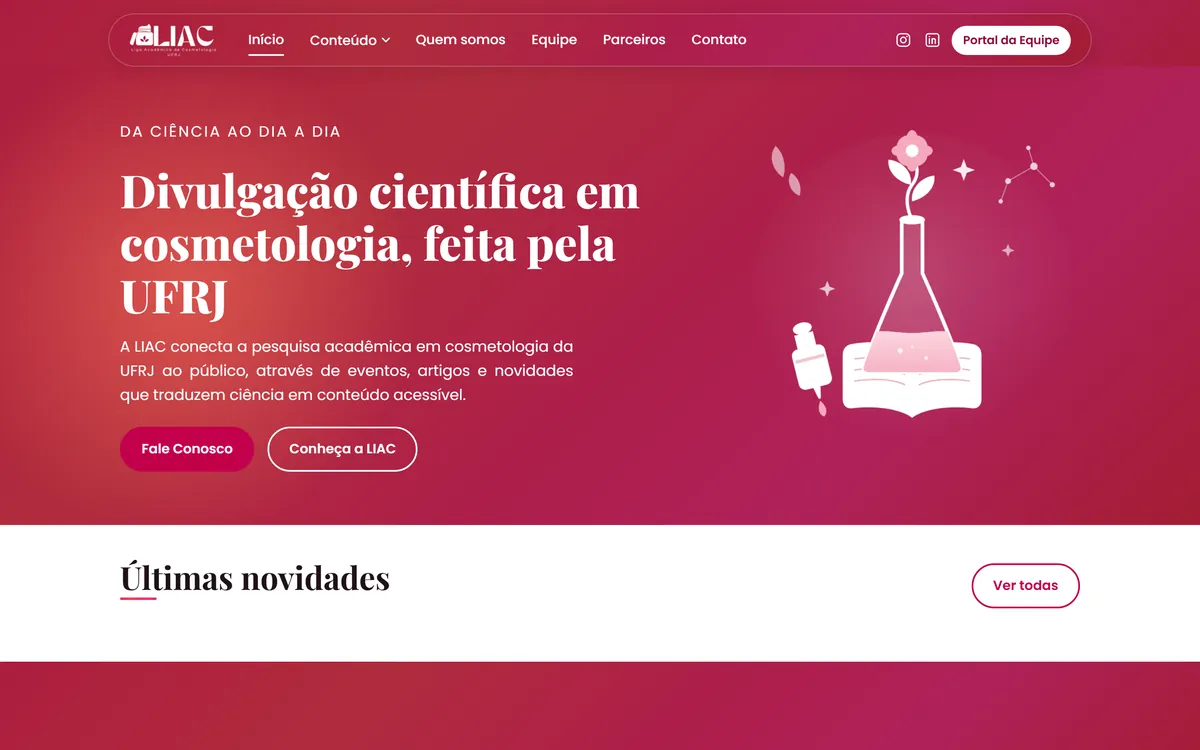 Página inicial do LIAC Club, com o título Divulgação científica em cosmetologia, feita pela UFRJ.